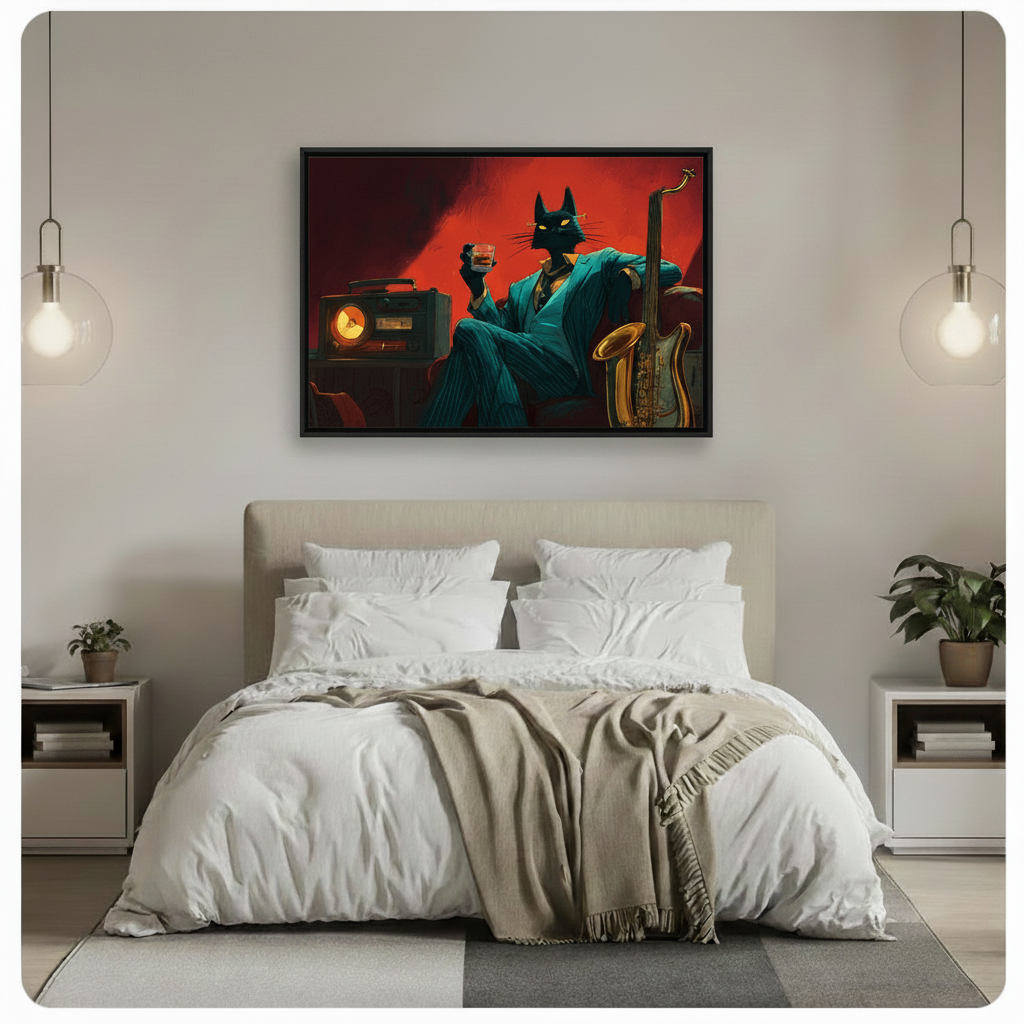 Noir music cat wall art in living room – moody jazz decor for feature walls and home offices