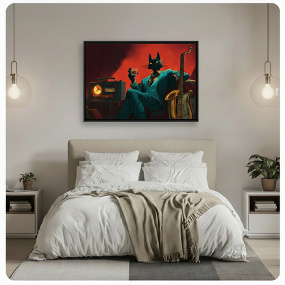 Noir music cat wall art in living room – moody jazz decor for feature walls and home offices