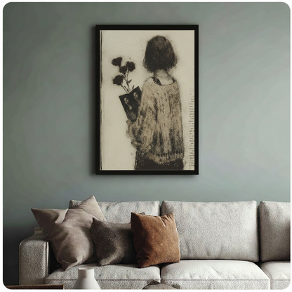 Moody vintage girl with dark roses framed art print above grey sofa on sage wall – editorial wall décor