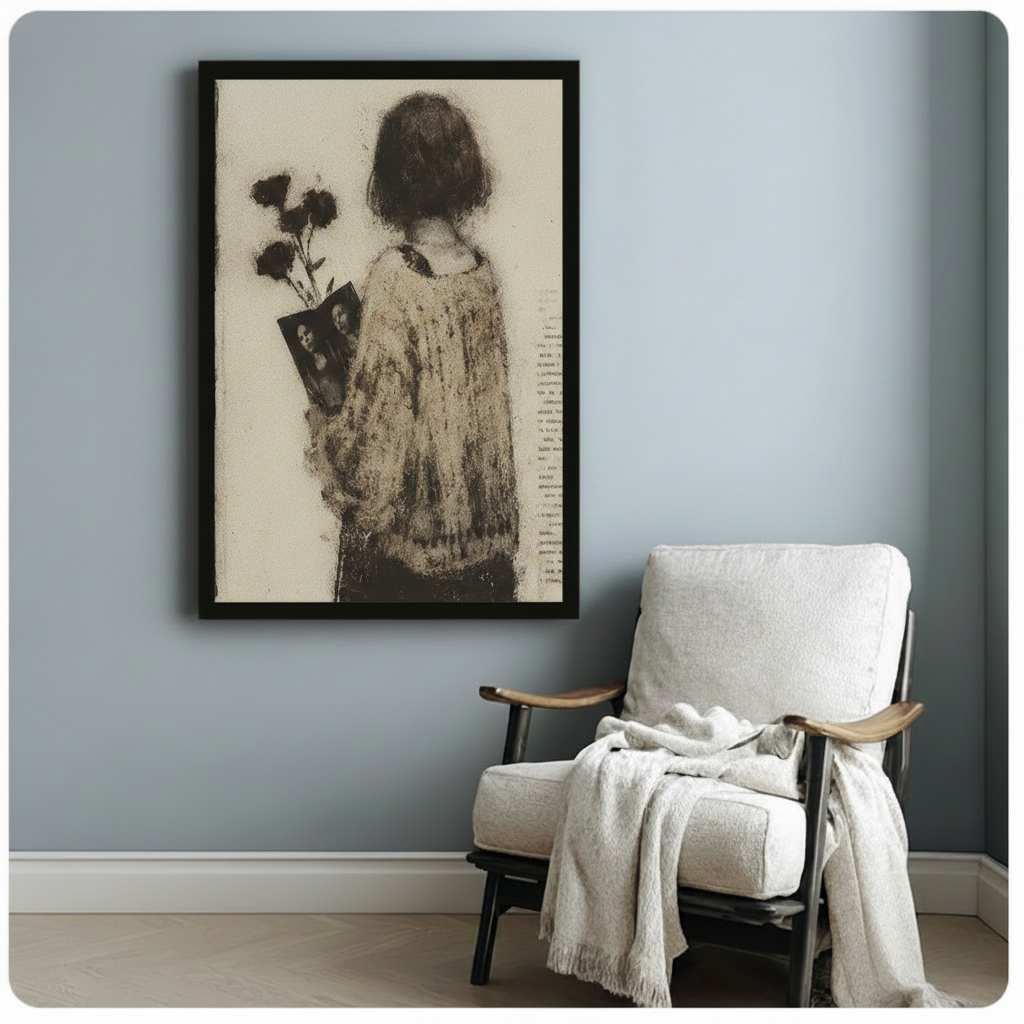Black framed vintage woman holding roses and photograph beside linen armchair – dark romantic wall art