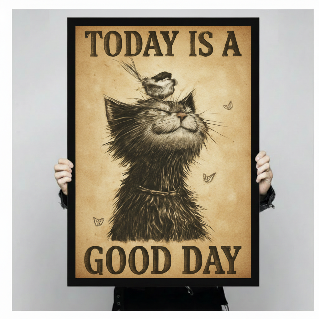 Today Is A Good Day cat canvas print held by two hands — vintage sepia black cat illustration in black frame ready to hang