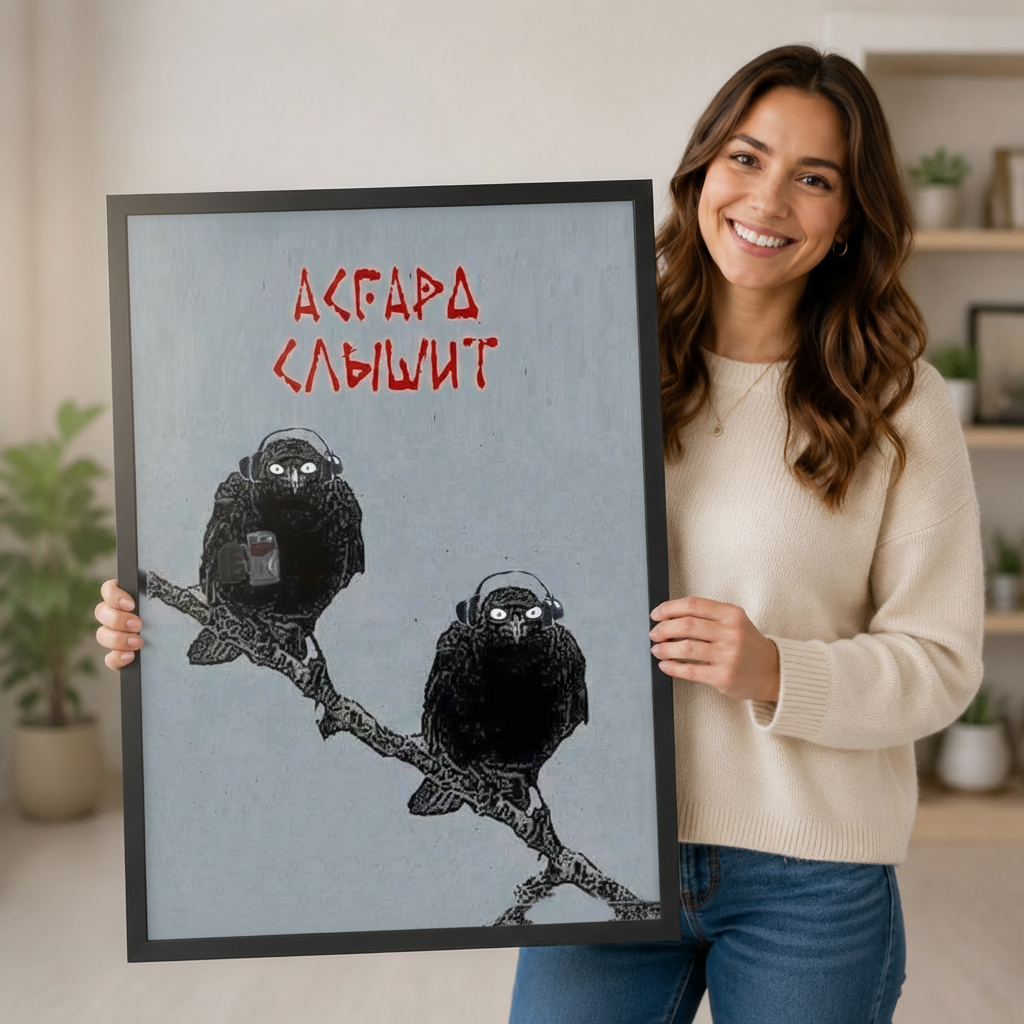 Smiling woman holding large black framed Norse raven headphones Asgard listens runic art print showing artwork size and scale