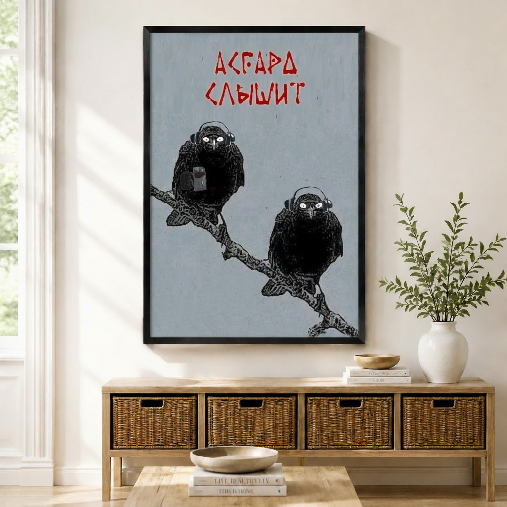 Norse mythology raven with headphones Asgard listens art print in black frame above wicker console table in neutral entryway