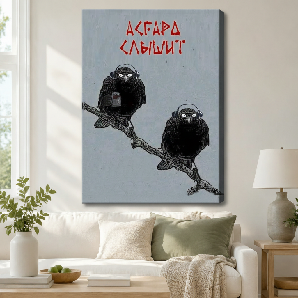 Gallery wrapped canvas of two Viking ravens wearing headphones Asgard listens runic poster above white sofa in bright living room