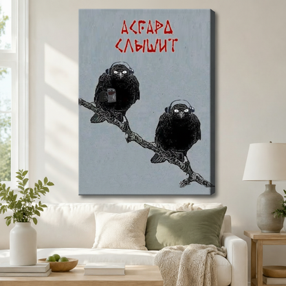 Gallery wrapped canvas of two Viking ravens wearing headphones Asgard listens runic poster above white sofa in bright living room
