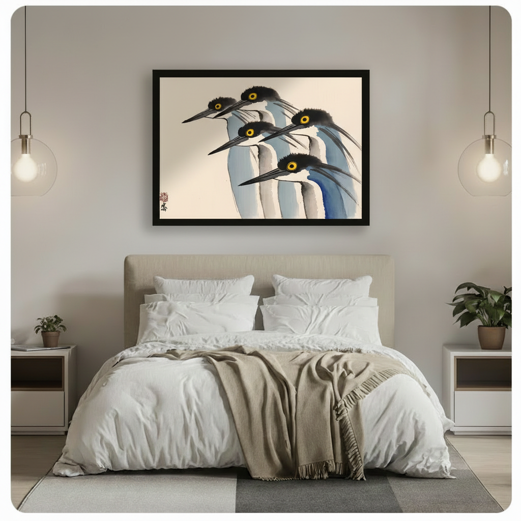 Ohara Koson five herons Japanese woodblock art print in black frame hung above bed with white linen in minimalist bedroom with pendant lights
