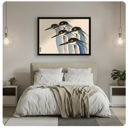 Ohara Koson five herons Japanese woodblock art print in black frame hung above bed with white linen in minimalist bedroom with pendant lights