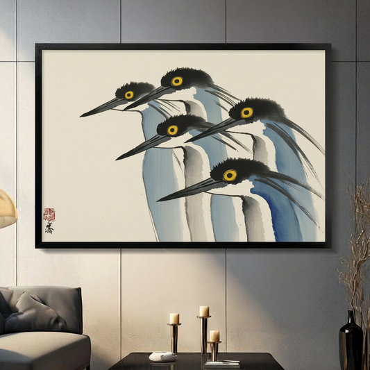 Ohara Koson five herons Japanese art print in black frame mounted on dark grey wall above console table in modern living room