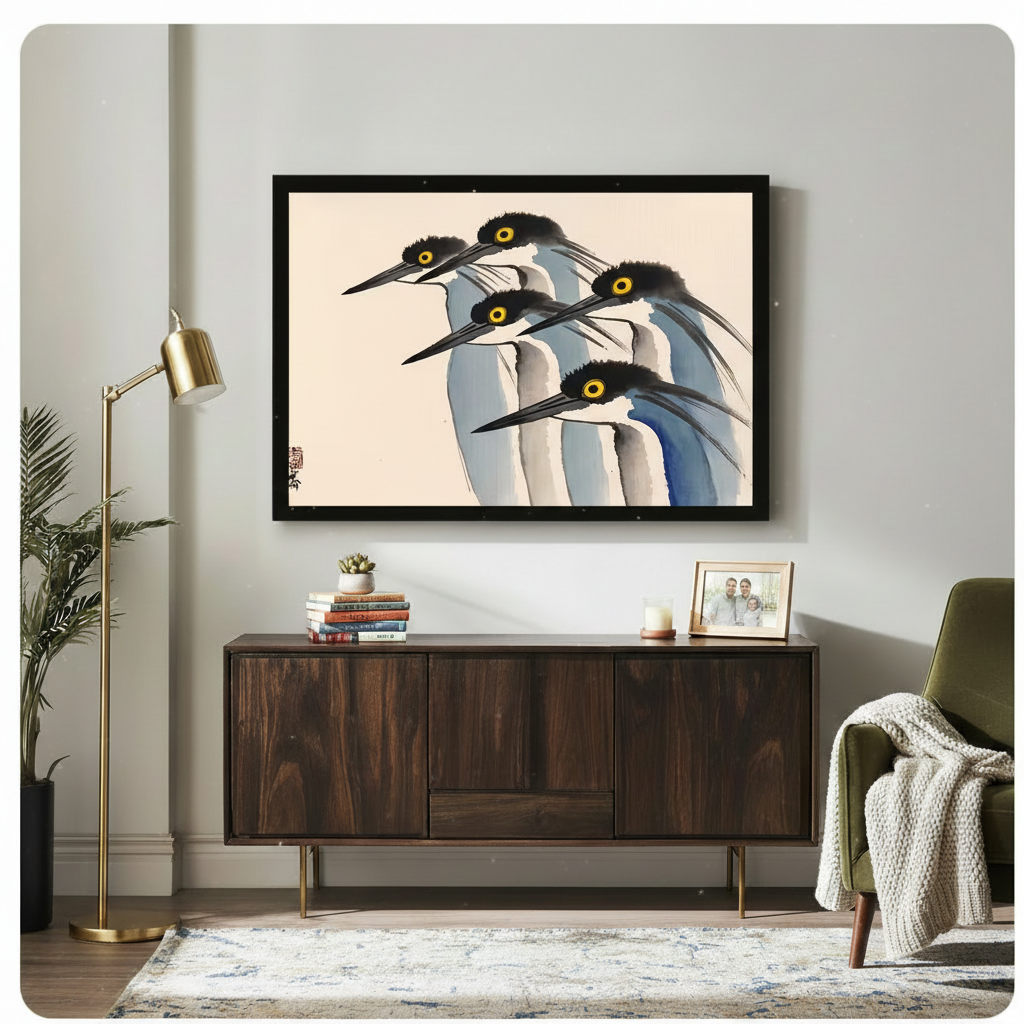 Ohara Koson five herons framed canvas wall art displayed above dark walnut sideboard in bright living room with gold floor lamp