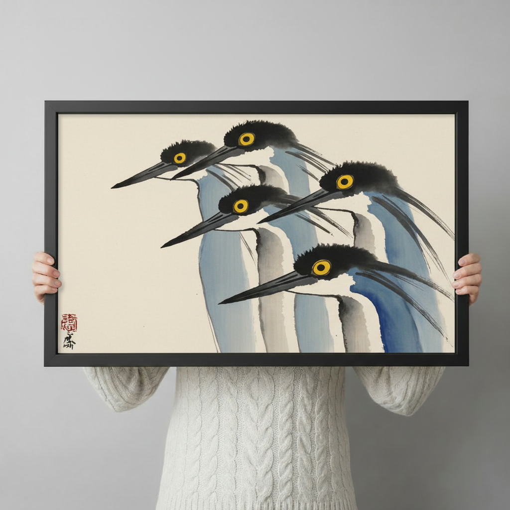 Person holding Ohara Koson five herons black framed art print showing size and scale reference against neutral grey background