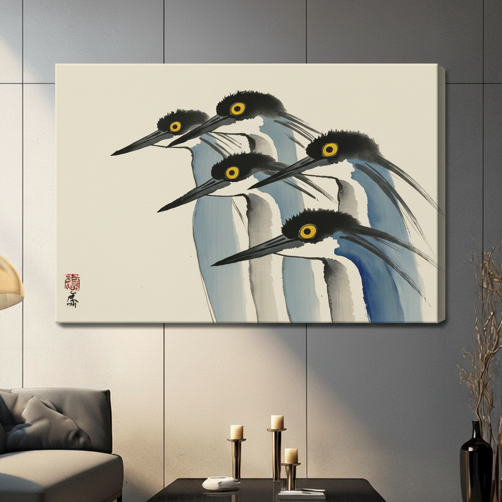 Ohara Koson five herons gallery wrap canvas print displayed frameless on grey wall above console table with candles