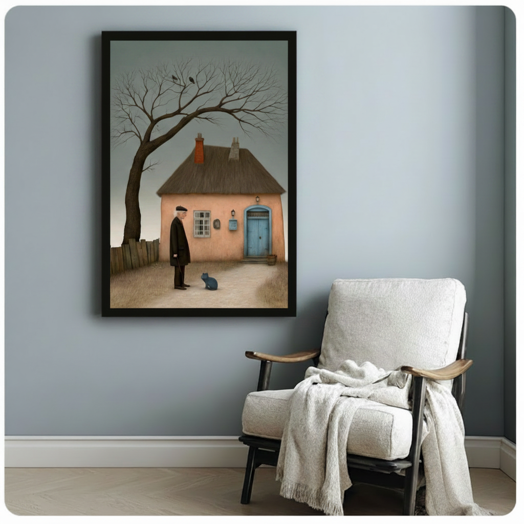 Black framed melancholic narrative oil painting old man in black coat before pink cottage with blue-grey cat and bare tree canvas print beside white linen armchair on blue-grey wall - atmospheric moody crows on bare tree and rustic fence wall art with soft teal sky for reading nook decor
