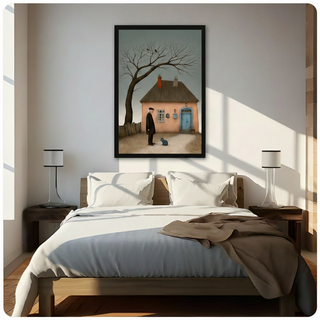 Framed melancholic narrative oil painting old man in black coat before pink cottage with blue-grey cat and bare tree canvas print above wooden bed in sunlit minimalist bedroom - atmospheric moody crows on bare tree rustic fence and soft teal sky wall art for contemporary bedroom home decor