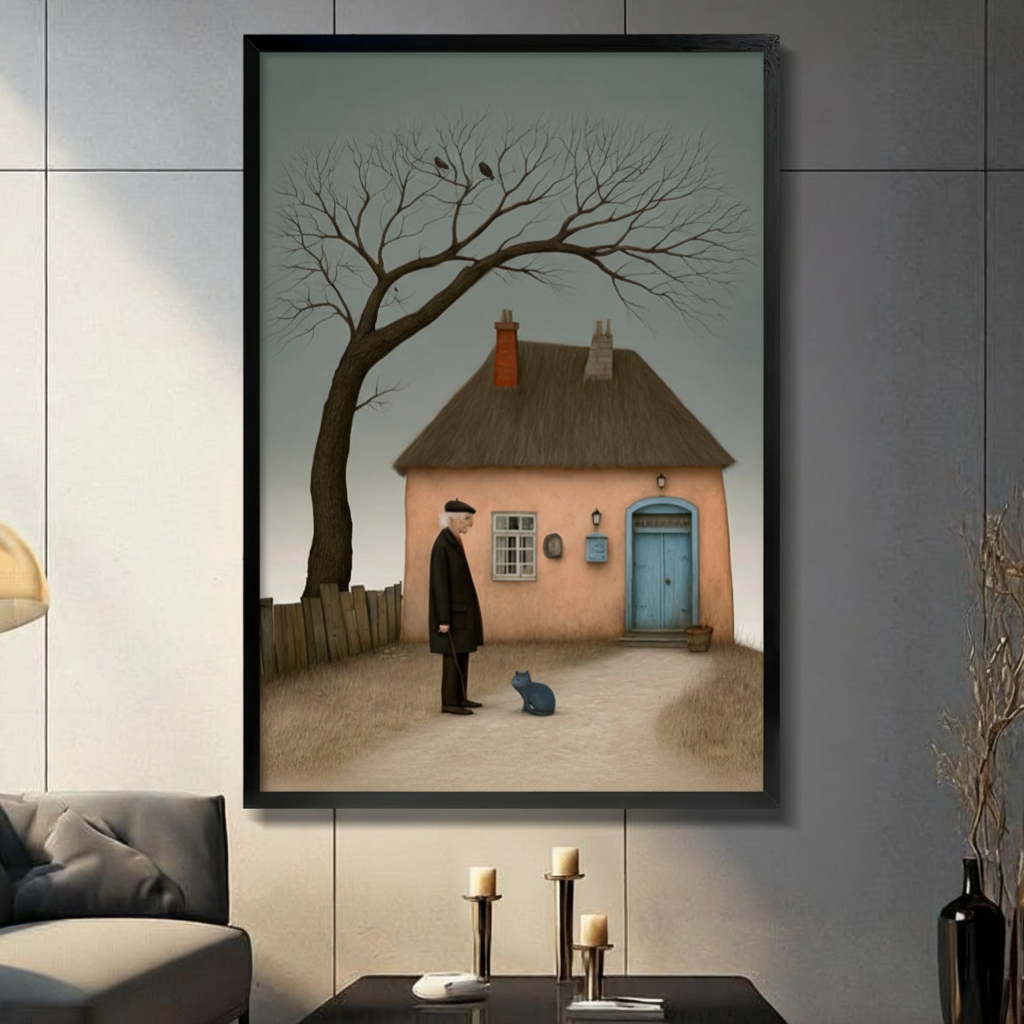 Framed melancholic narrative oil painting old man in black coat standing before pink cottage gazing at blue-grey cat canvas print on dark grey tile wall in modern living room - moody bare tree with crows and rustic fence wall art with muted teal sky for contemporary home decor