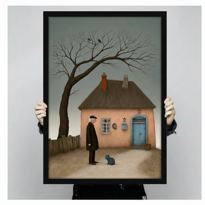 Person holding large framed melancholic narrative oil painting old man in black coat standing before pink cottage gazing at blue-grey cat canvas print with both hands - close up view of moody bare tree with crows rustic fence and muted teal sky wall art with black frame finish