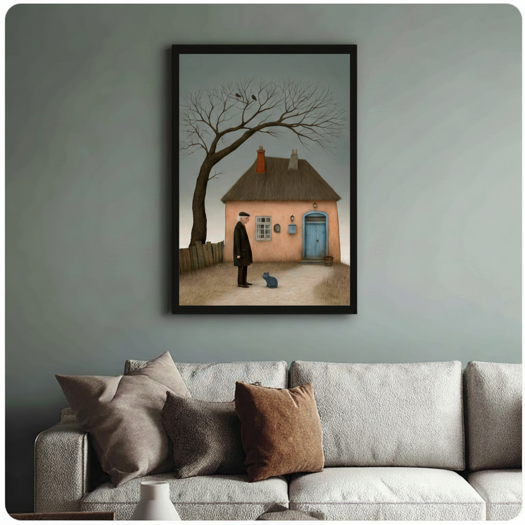 Framed melancholic narrative oil painting old man in black coat standing before pink cottage gazing at blue-grey cat canvas print above cream sofa on sage teal wall - moody bare tree with crows rustic fence and muted teal sky oil painting wall art for stylish living room decor