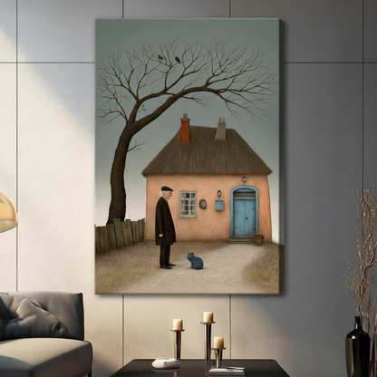 Unframed melancholic narrative oil painting old man in black coat before pink cottage with blue-grey cat and bare tree canvas print on dark grey tile wall in contemporary living room - atmospheric moody crows on bare tree and rustic fence wall art with soft teal sky for modern interior decor