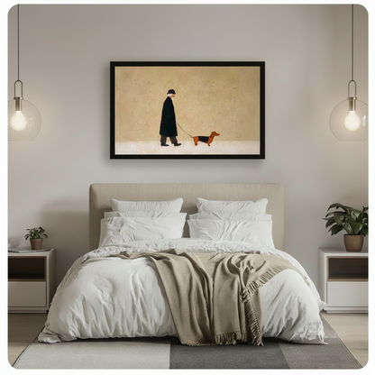 Framed minimalist old man in black coat walking dachshund canvas print above bed in modern minimalist bedroom with pendant lights - serene vintage figure with sausage dog wall art on warm beige background for contemporary bedroom decor