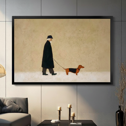 Framed minimalist old man walking dachshund on leash oil painting canvas print on dark grey tile wall in modern living room - elegant vintage figure with sausage dog wall art on warm beige background for contemporary home decor