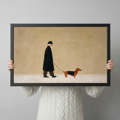 Person holding large framed minimalist old man walking dachshund on leash canvas print with both hands - close up view of elegant vintage figure with sausage dog oil painting wall art on warm beige background with black frame finish