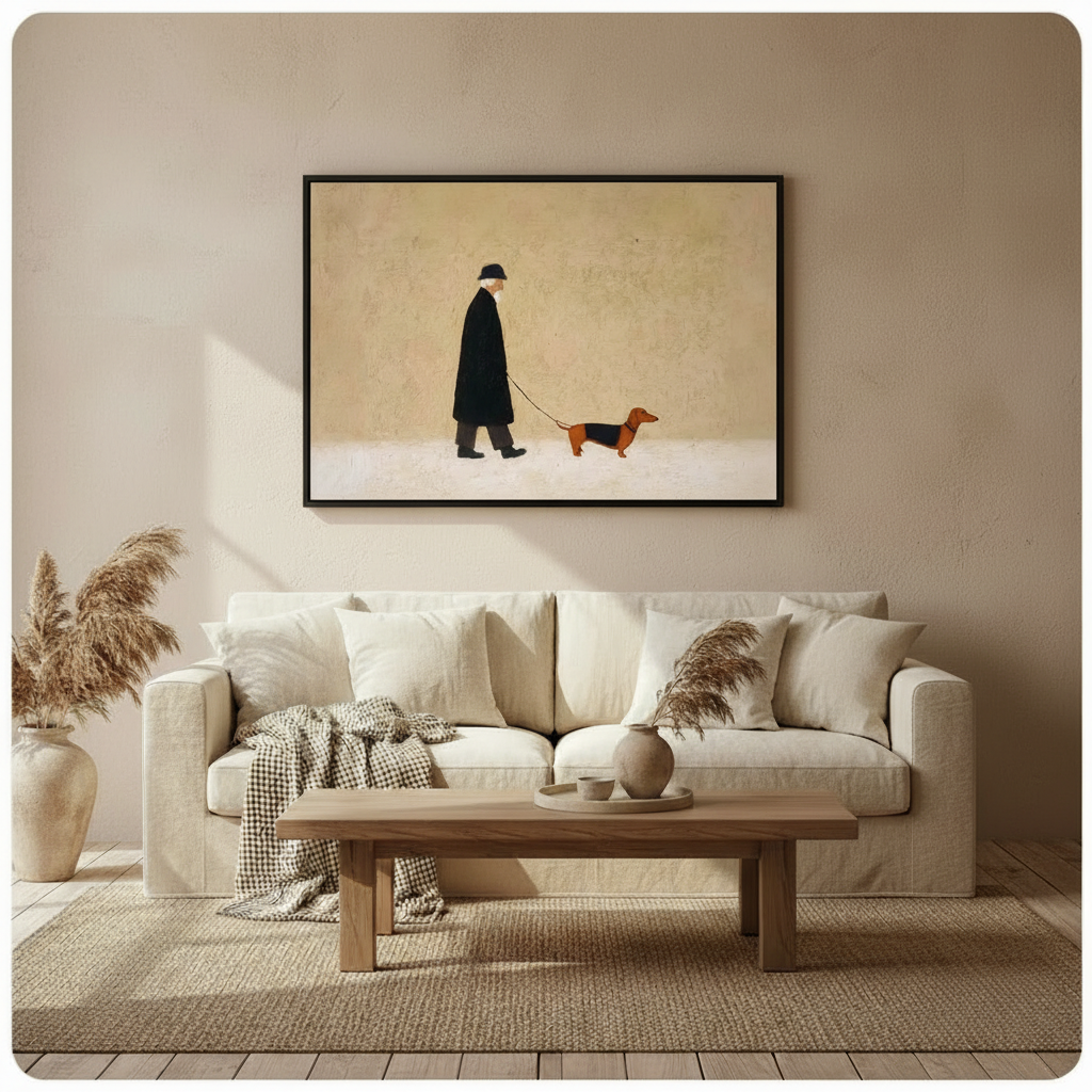Framed minimalist old man walking dachshund canvas print above cream linen sofa in warm neutral Scandinavian living room - elegant vintage figure with sausage dog on leash wall art on sandy beige background for cozy contemporary home decor