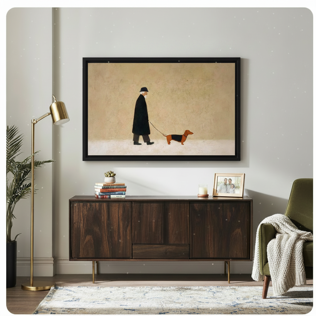 Framed minimalist old man walking dachshund on leash large canvas print above dark walnut sideboard in modern living room with gold floor lamp - elegant vintage figure with sausage dog wall art on sandy beige background for warm contemporary home decor