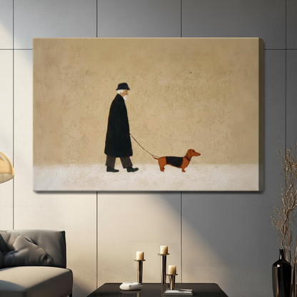 Unframed minimalist old man in black coat walking dachshund canvas print on dark grey wall in contemporary living room - serene vintage figure with sausage dog on leash wall art with warm sandy beige background for modern interior decor