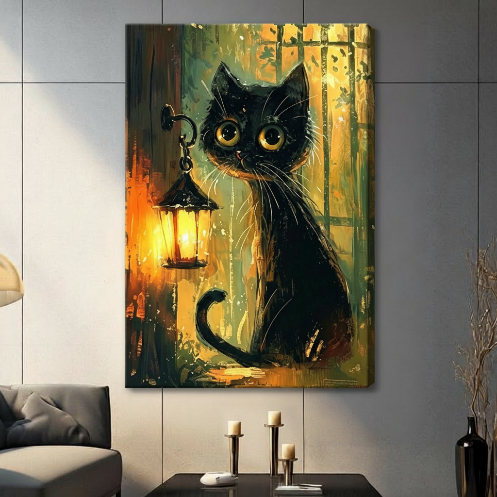Black cat lantern stretched canvas gallery wrap on dark gray paneled wall in modern living room with candlestick holders