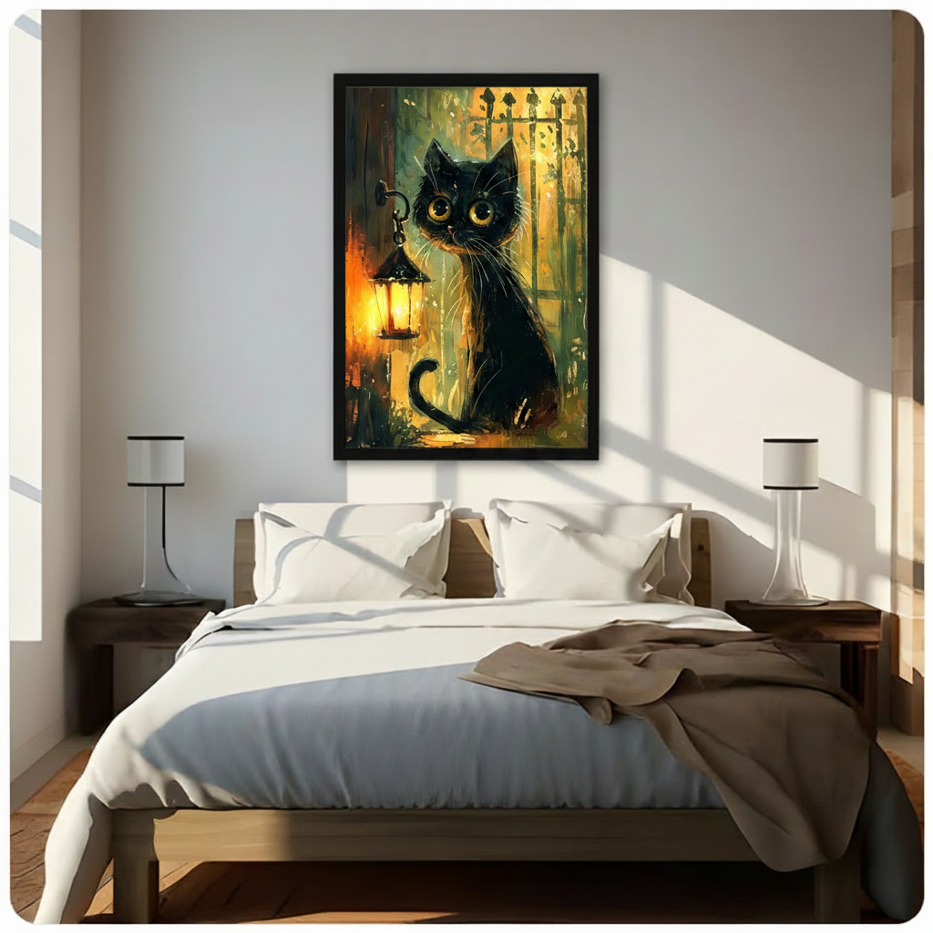 Black cat lantern framed wall art above bed in bright modern bedroom with white bedding and wooden nightstands