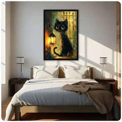 Black cat lantern framed wall art above bed in bright modern bedroom with white bedding and wooden nightstands