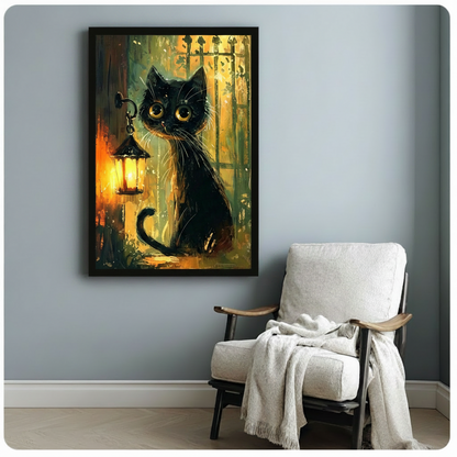Black cat lantern framed canvas print on blue-gray wall beside white linen armchair with draped throw blanket