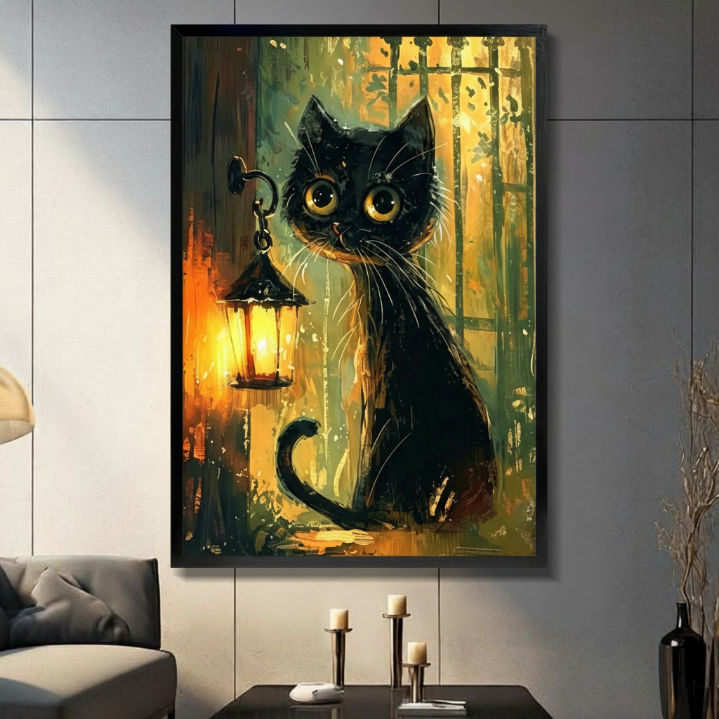 Black cat lantern framed canvas wall art on dark gray paneled wall above console table with candle holders in modern living room