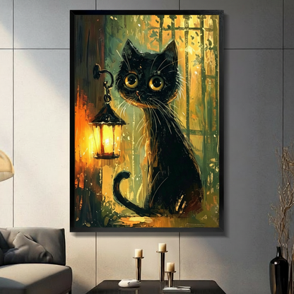 Black cat lantern framed canvas wall art on dark gray paneled wall above console table with candle holders in modern living room