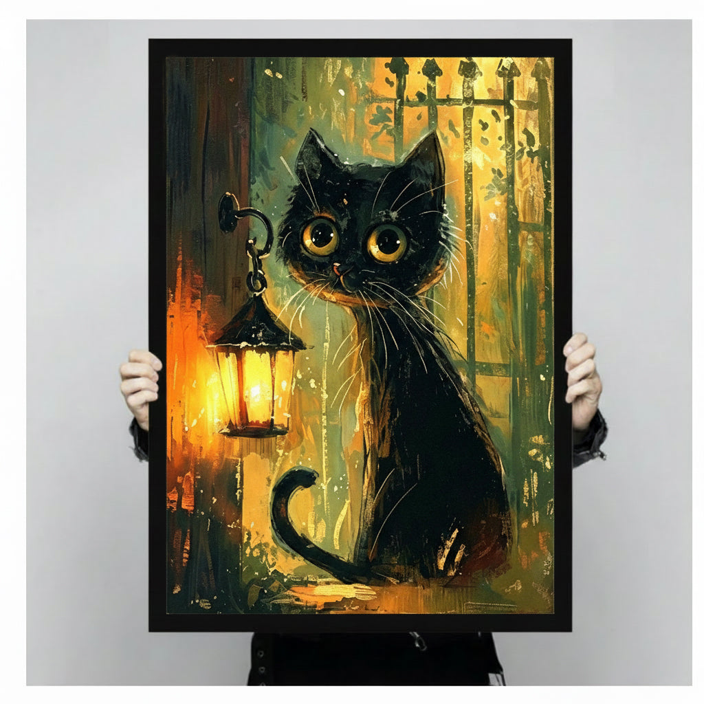 Person holding black cat lantern framed canvas print with both hands against light gray background for size reference