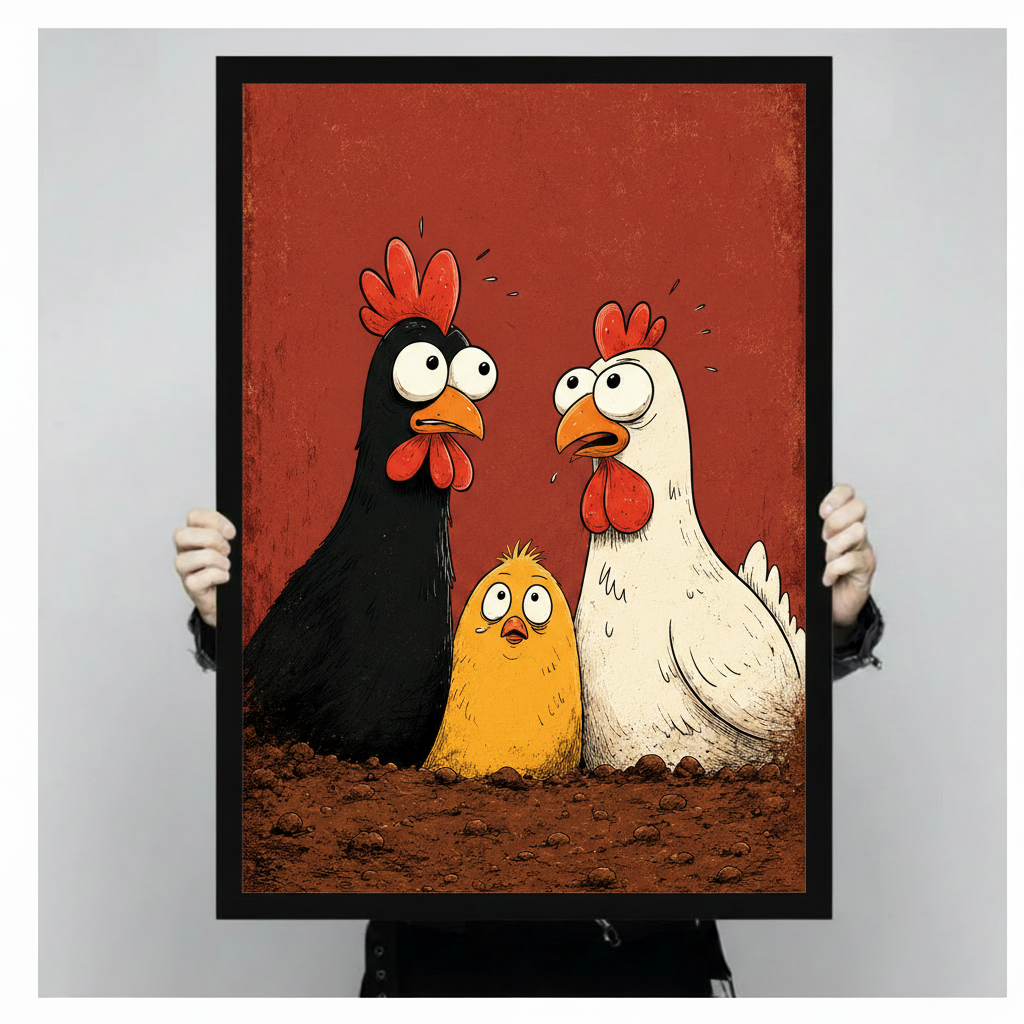 funny chicken family black frame hand held display size reference whimsical cartoon animal canvas wall art