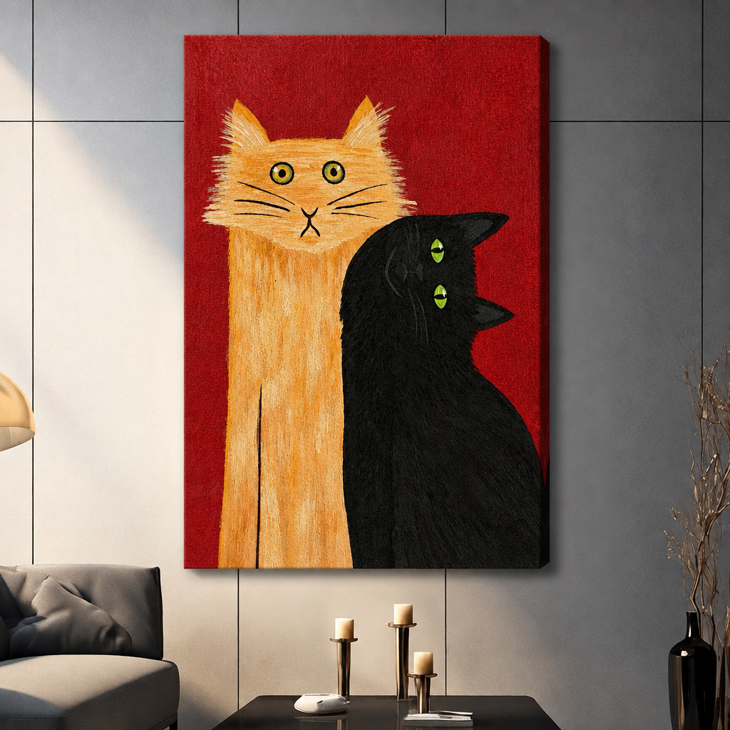 Bold folk art painting of a tall orange tabby cat with wide eyes beside a black cat with green eyes on a red background funny cat wall art stretched canvas light gray panel wall living room