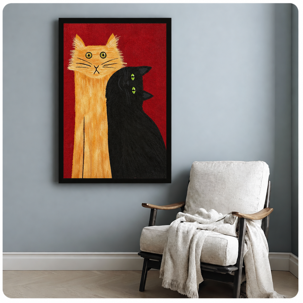 Bold folk art painting of a tall orange tabby cat with wide eyes beside a black cat with green eyes on a red background funny cat wall art framed print beside armchair blue-gray wall