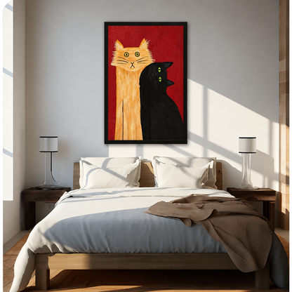 Bold folk art painting of a tall orange tabby cat with wide eyes beside a black cat with green eyes on a red background funny cat wall art framed print above bed sunlit bedroom