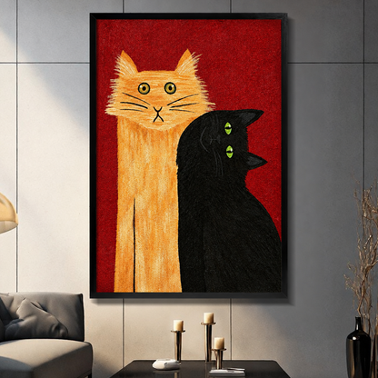 Bold folk art painting of a tall orange tabby cat with wide eyes beside a black cat with green eyes on a red background funny cat wall art framed print light gray panel wall living room