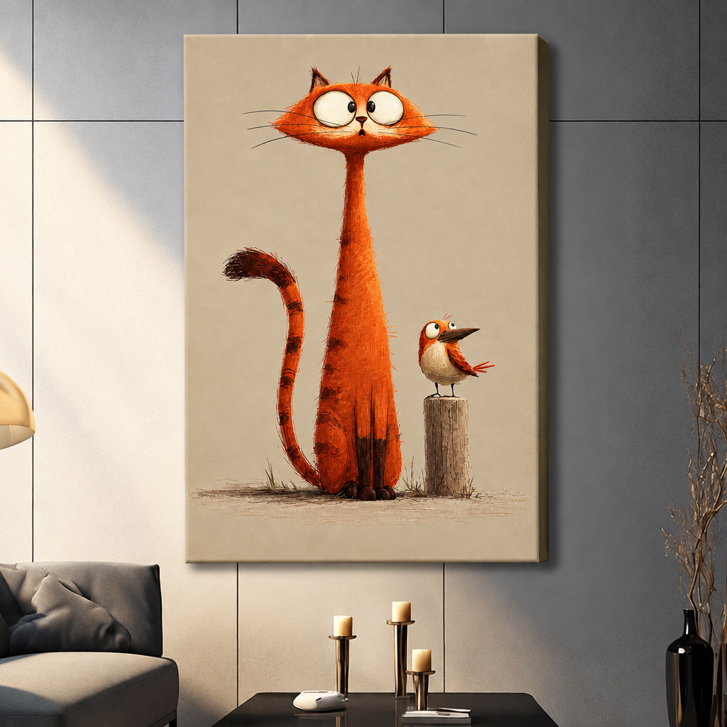 Whimsical illustration of a tall orange cat with big white eyes and a small bird perched on a wooden post on a beige background funny cat wall art stretched canvas dark panel wall living room