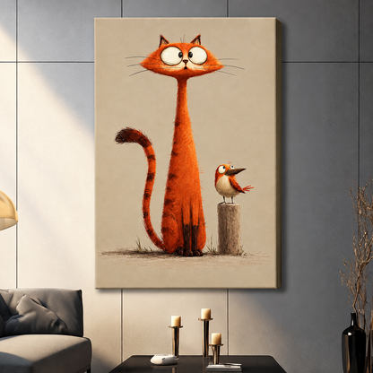 Whimsical illustration of a tall orange cat with big white eyes and a small bird perched on a wooden post on a beige background funny cat wall art stretched canvas dark panel wall living room