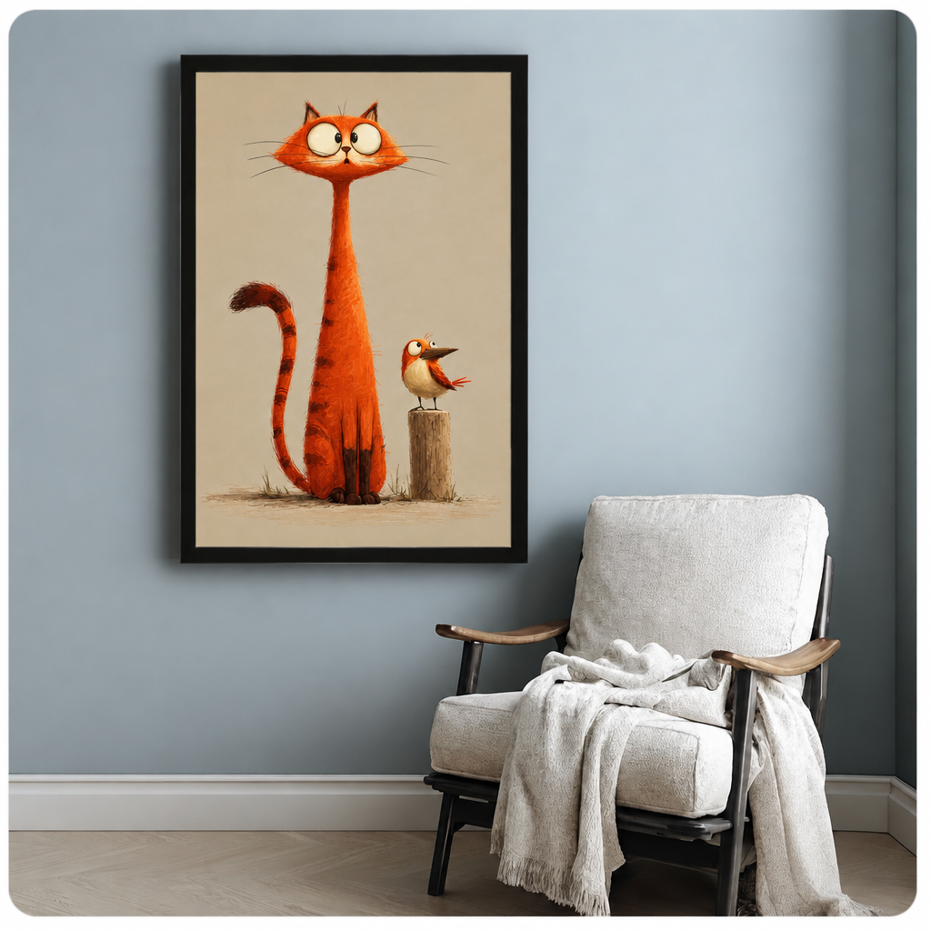 Whimsical illustration of a tall orange cat with big white eyes and a small bird perched on a wooden post on a beige background funny cat wall art framed print beside armchair blue-gray wall