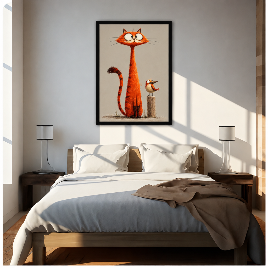 Whimsical illustration of a tall orange cat with big white eyes and a small bird perched on a wooden post on a beige background funny cat wall art framed print above bed sunlit bedroom