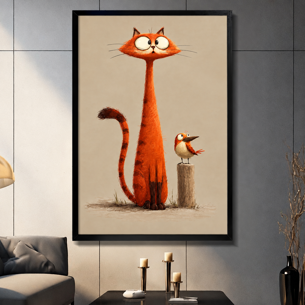 Whimsical illustration of a tall orange cat with big white eyes and a small bird perched on a wooden post on a beige background funny cat wall art framed print dark panel wall living room