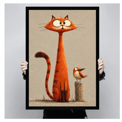 Whimsical illustration of a tall orange cat with big white eyes and a small bird perched on a wooden post on a beige background funny cat wall art framed print held up