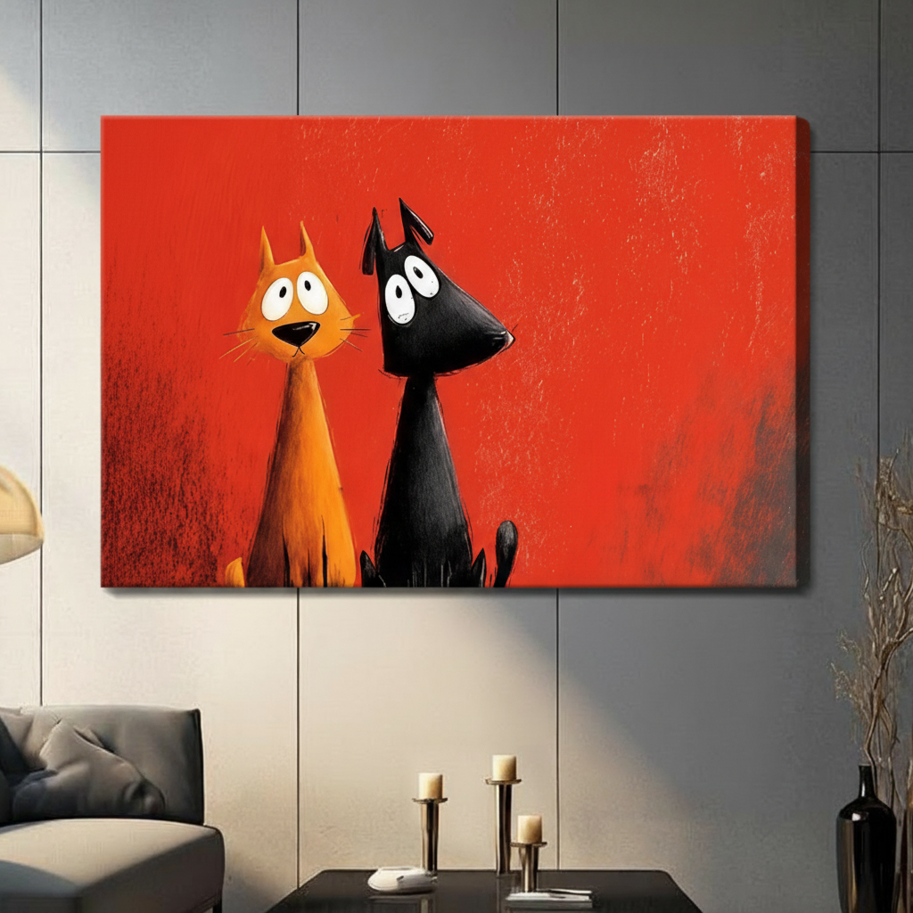 Frameless orange cat and black dog cartoon canvas print on grey panel wall – whimsical big-eyed pet duo wall art with bold red background