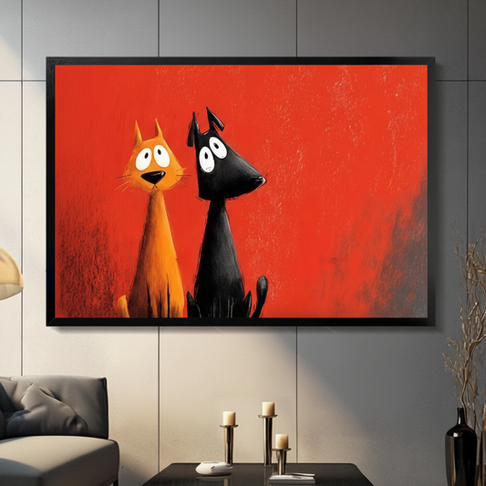 Funny orange cat and black dog cartoon canvas wall art in black frame on dark grey panel wall – bold red background big-eyed pet portrait print for living room