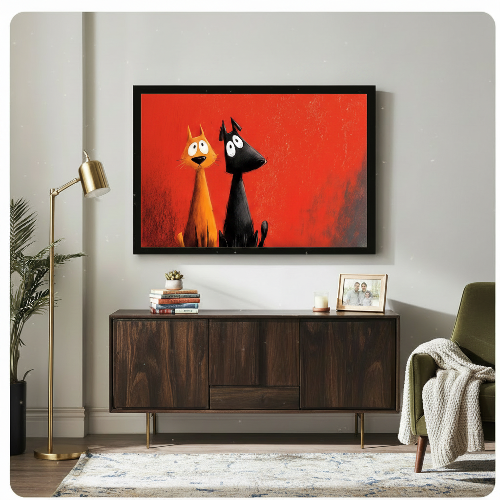 Framed funny orange cat and black dog cartoon canvas above dark wood console cabinet on light grey wall – bold red background whimsical pet wall art for living room or study