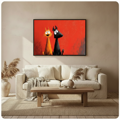 Framed funny orange cat and black dog cartoon canvas above cream sofa in warm boho living room – bold red background pet wall art statement piece