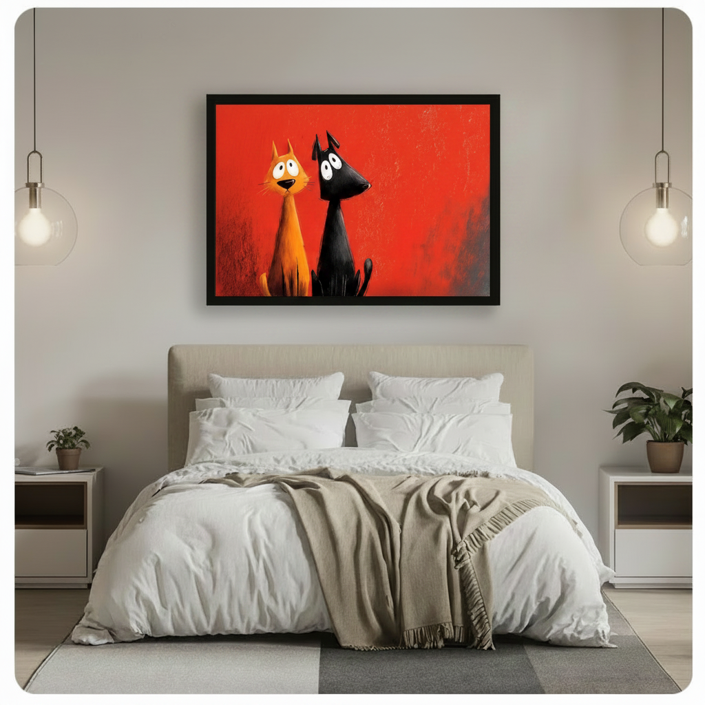 Framed whimsical orange cat and black dog canvas print above bed in modern grey bedroom – playful red background pet portrait wall art for bedroom decor